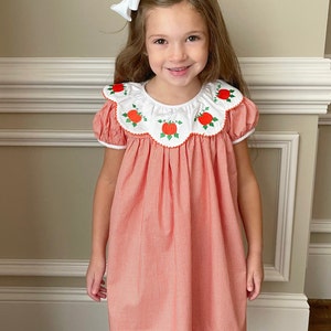 Pumpkin Thanksgiving bishop dress for Fall.  Orange gingham, scalloped collar with embroidered pumpkins.  Perfect for Turkey Day