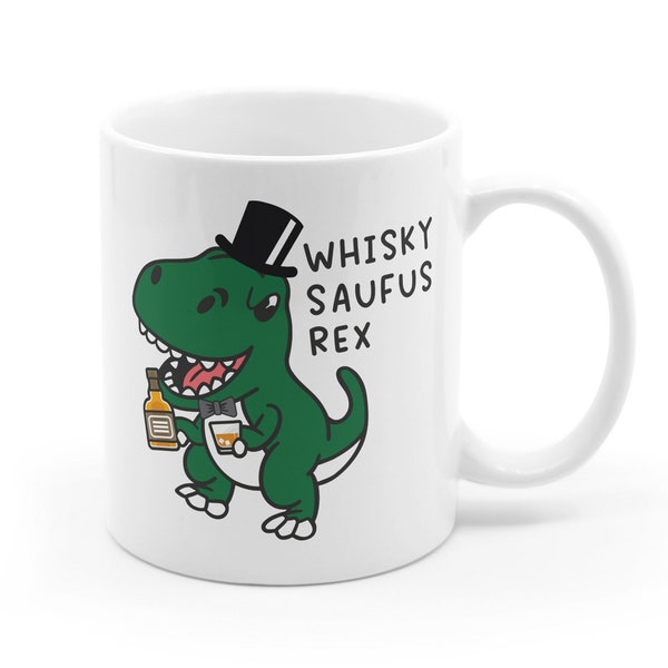 Lustige Tasse Whisky Saufus Rex - Geschenk für Freund Kollege Sammler Tyrannosaufus witzig Whisky Whiskey Single Malt Bourbon Dino Fliege