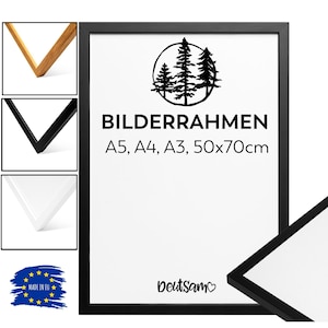 Könnte beinhalten: Schwarzer Bilderrahmen mit weißem Passepartout und einem einfachen Design aus drei Bäumen in einem Kreis. Der Rahmen ist mit "BILDERRAHMEN A5, A4, A3, 50x70cm" und "Deutsam" beschriftet.