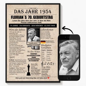 Geschenk zum 70 geburtstag – das jahr 1954 poster tischbild persönliches jubiläum geburtstagszeitung geburtstag 70 jahre geschenkidee