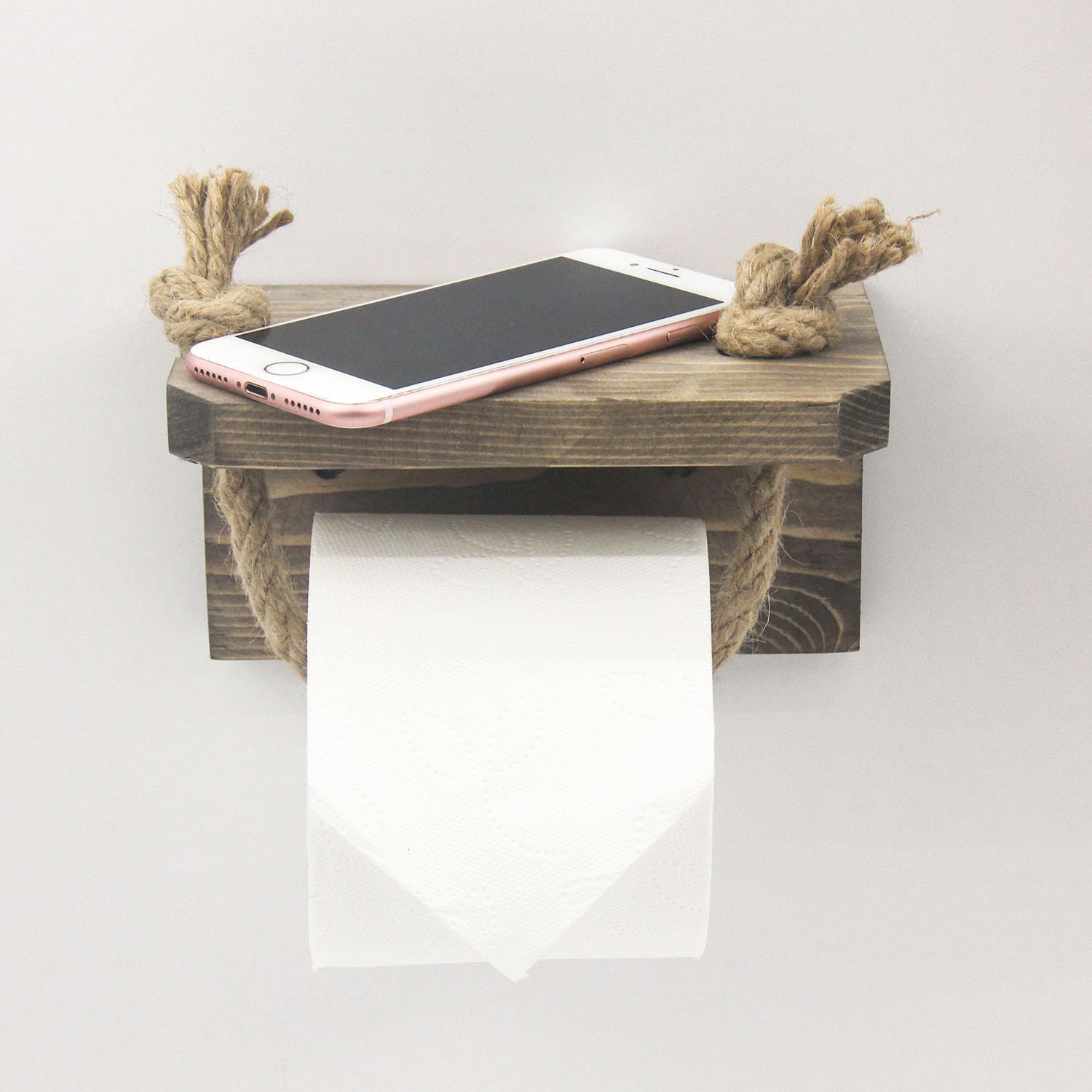 Dérouleur Porte Papier Toilette avec Étagère - Tablette en Bois et Corde Pour Téléphone ou Déco