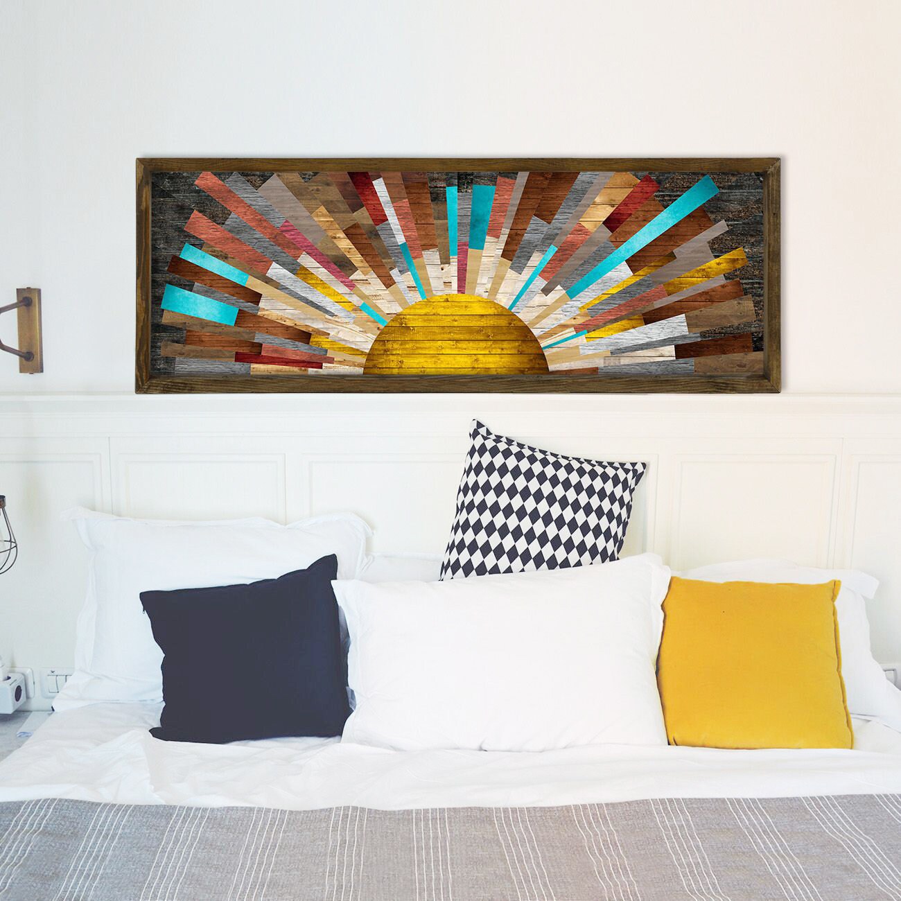 Art Mural Bohème en Bois, Décoration Murale Chambre, Décoration à Ossature Bois, Décor de Lit Bronza