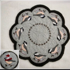 Cheerful Chickadees  | Penny Lane Primitives | Wool Appliqué Pattern | Candle or Table Mat 13”