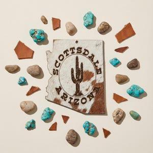 Engraved Cowhide Coasters or Ornaments: Scottsdale Arizona, Western Cowboy Decor, Souvenir, Old Town Scottsdale