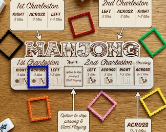 May include: A wooden Mahjong game guide with colorful square tile holders and Mahjong tiles. The guide includes text such as "Simplify Your Mahjong Game" and "Shop Now". The tile holders are in various colors, including red, green, blue, orange, pink, and yellow.
