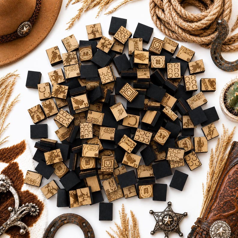 May include: A collection of small, black and tan wooden tiles with engraved designs, scattered on a white surface. The tiles feature various images and symbols. Cowboy hat, rope, horseshoe, and star-shaped badge are also present, suggesting a Western theme.