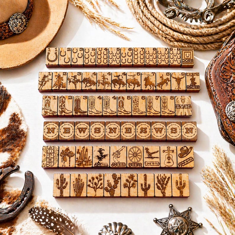 May include: Wooden game tiles with engraved Western-themed images and text. The tiles feature images of cowboys, boots, cacti, and directional letters. The word "JOKER" is visible on some tiles. Other Western accessories, including a hat, rope, and horseshoe, are also present.