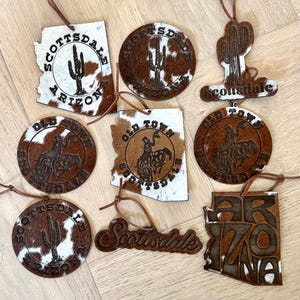 Engraved Cowhide Coasters or Ornaments: Scottsdale Arizona, Western Cowboy Decor, Souvenir, Old Town Scottsdale