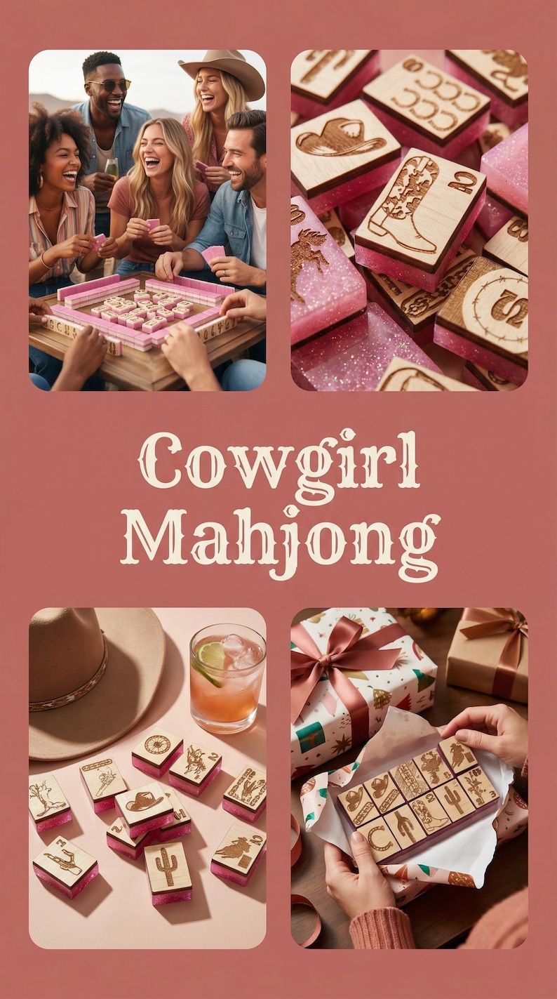 May include: A collage featuring a group of people playing Mahjong, a set of wooden Mahjong tiles with cowboy-themed designs, and a cocktail. The text "Cowgirl Mahjong" is displayed in the center.