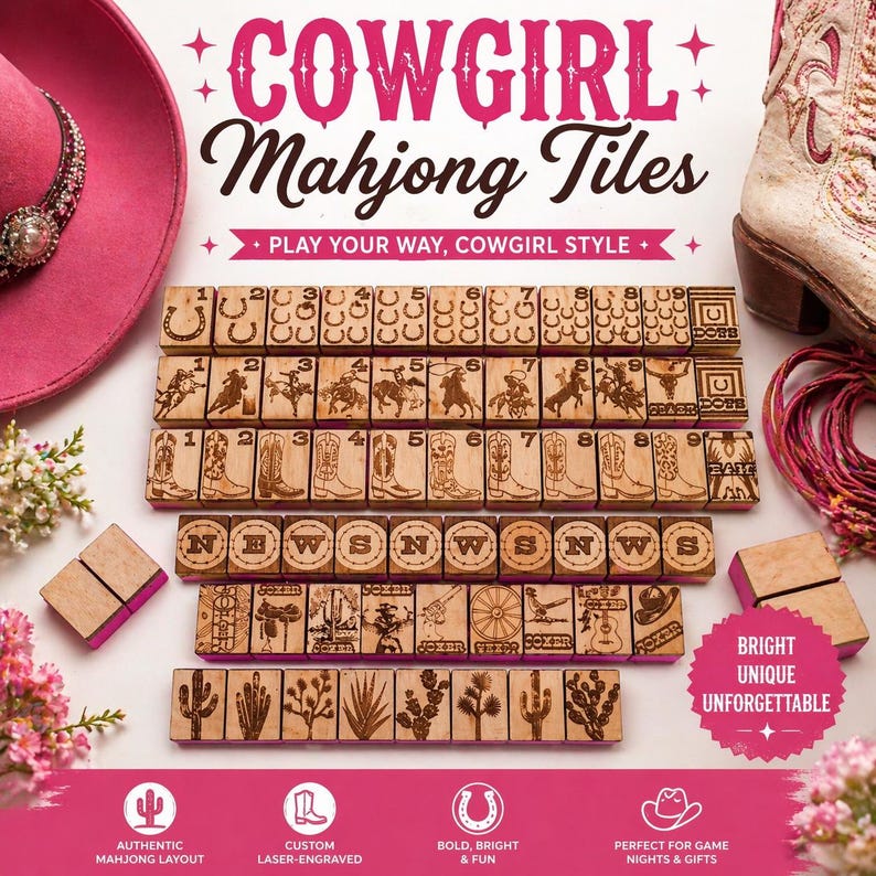 May include: A set of laser-engraved wooden Mahjong tiles with a cowgirl theme. The tiles feature images of cowboy boots, cacti, and cowboys. The text "COWGIRL Mahjong Tiles" is displayed at the top of the image.