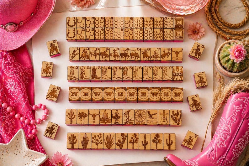 Mahjong Full Set - Western Cowgirl Theme - Wood + Acrylic image 16