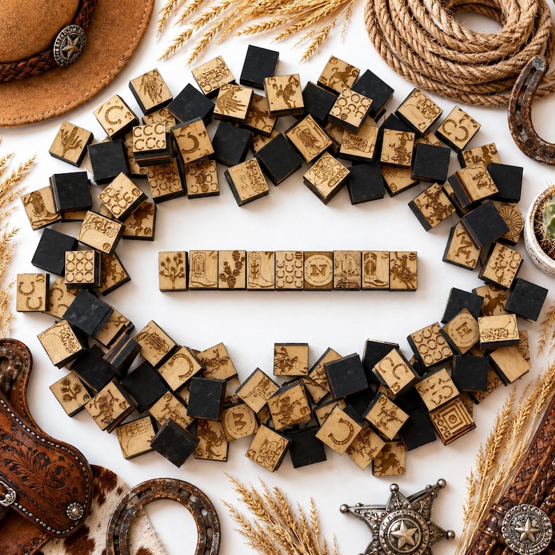 May include: A collection of wooden dominoes with engraved Western-themed designs, including horseshoes, cowboy boots, and cacti. The dominoes are arranged around a row of dominoes with letters and numbers. A cowboy hat, rope, and horseshoe are also visible.