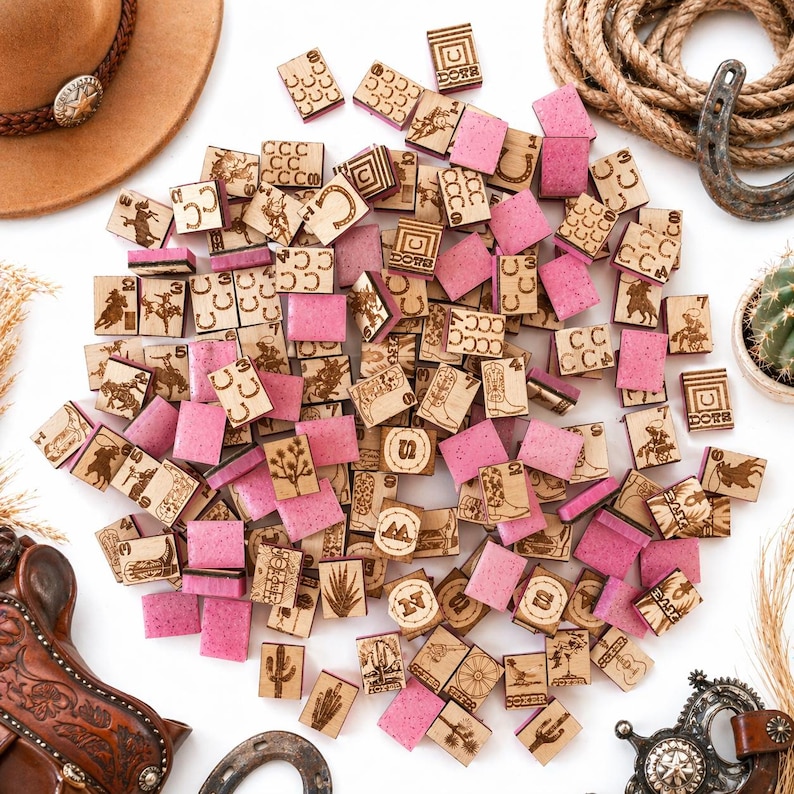 May include: A collection of small, wooden, and pink tiles with cowboy-themed designs. The wooden tiles feature etched images of cowboys, horseshoes, and cacti. A brown cowboy hat, rope, and horseshoe are also visible.
