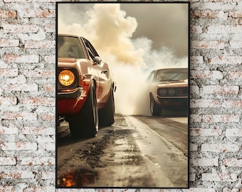 May include: A framed print featuring two classic muscle cars at a drag race. The cars are red and orange, with thick black tires and billowing smoke. The image captures the intensity and speed of the race.