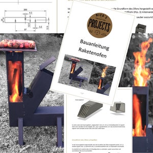 Könnte beinhalten: Ein schwarzer Metall-Raketenofen mit einem Feuer, das im Inneren brennt. Der Ofen hat eine kleine Kochfläche oben und eine Seitentür zum Befüllen mit Brennstoff. Der Ofen steht auf einem Schotterbett.