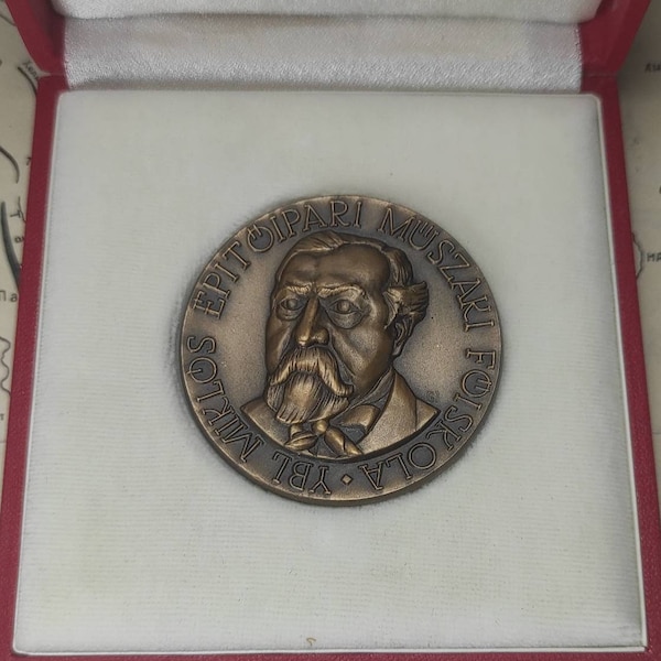 Médaille vintage Ybl Miklós Faculté des sciences du bâtiment, Budapest Hongrie - Médaille commémorative Garamkeszi János dans son étui d'origine