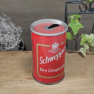 80s Schweppes Dry Ginger Ale can - straight steel 150ml International travel pack, England - best before date Mar 83