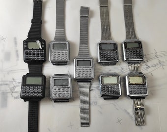 Vintage digitaal rekenmachinehorloge - werkt niet, voor onderdelen of reparatie - set van 9 quartz LCD-horloges gemaakt in China