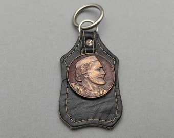 Vintage keychain bronze medal on leather pad Petar II Petrović Njegoš 1813-1851, Bishop and Ruler of Montenegro