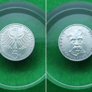 1975 Albert Schweitzer - 100th Anniversary of the Birth 5 Deutsche Mark German silver coin