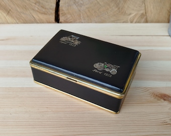 Vintage Faux Leather Box: Opel & Ford Car Print, Brass Trim