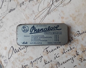 Vintage 1950s Phenalgol medicine pils tin box by Lek Ljubljana