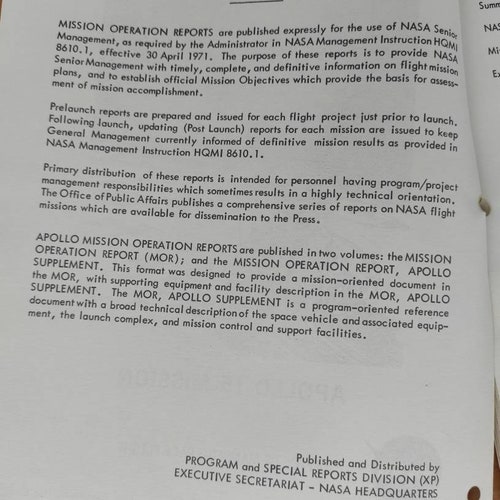 Vintage NASA Mission Operation Report - Apollo high quality 15 Mission, Office of manned space flight