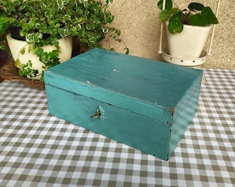 Vintage wooden safe, old turquoise box with key, rustic home decor