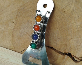 Vintage large cap bottle opener with 4 bottle caps, retro home decor