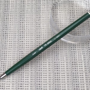 Puede incluir: Un portaminas verde oscuro, el Faber-Castell TK 9400, descansa sobre un fondo cuadriculado. La punta metálica y la goma del lápiz son visibles, lo que sugiere su uso para escribir o dibujar con precisión. El texto "Faber-Castell TK 9400" está impreso en el lápiz.