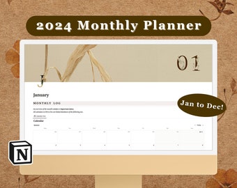 Notion Monthly Planner Template | Full Year Digital Life Planner | Organization System | Aesthetic Botanical Notion Template