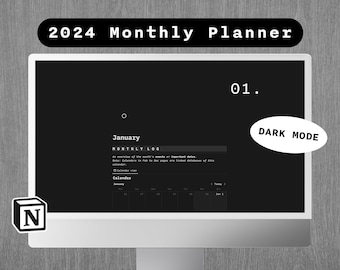 Notion Monthly Planner Template Dark Mode | Full Year Digital Life Planner | Organization System | Minimal Notion Dashboard