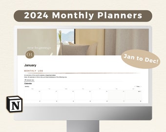 Notion Monthly Planner Template | Full Year Digital Life Planner | Organization System | Aesthetic Beige Notion Template