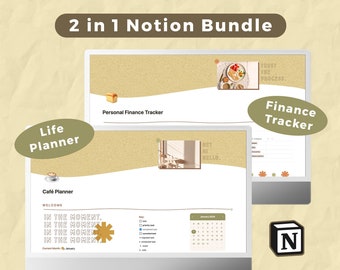 Notion Planner Template & Finance Tracker Template | Full Year Digital Life Planner | 2 in 1 Notion Bundle | Cute Cafe Theme