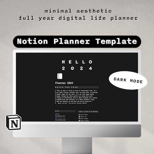 Notion Planner Template | Minimalist Digital Life Planner | Customisable Notion Template | Aesthetic Notion Dashboard | Notion Dark Mode