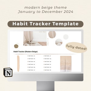 Notion Habit Tracker Template | Full Year Digital Life Planner | Organization System | Light Modern Beige Theme
