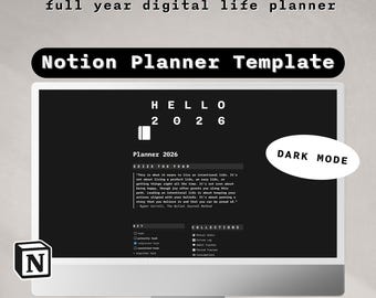 Notion Planner Template | Minimalist Digital Life Planner | Customisable Notion Template | Aesthetic Notion Dashboard | Notion Dark Mode