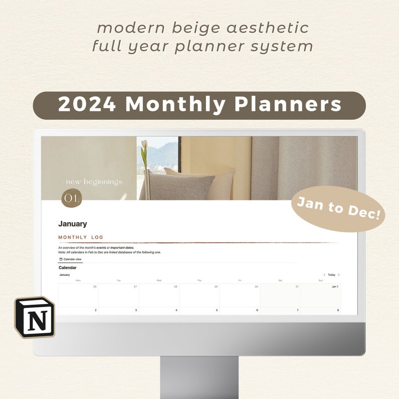 2024 Monthly Planner Notion Template | Full Year Digital Life Planner | Organization System | Aesthetic Beige Theme