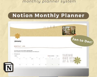 Modello di planner mensile Notion / Planner digitale annuale / Sistema organizzativo / Modello Notion con tema di caffetteria carino