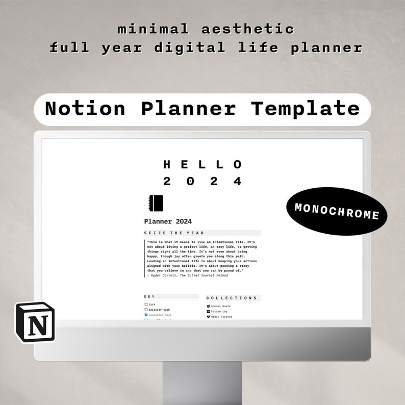 2024 Notion Planner Template | Minimalist Digital Life Planner | Customisable Notion Template | Aesthetic Notion Dashboard