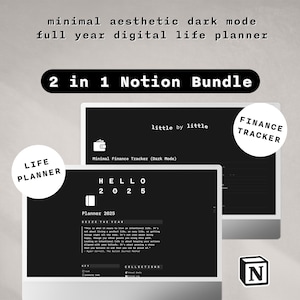 Notion Planner Template & Finance Tracker | Digital Life Planner | Aesthetic Minimal Notion Dashboard | 2 in 1 Notion Bundle Dark Mode