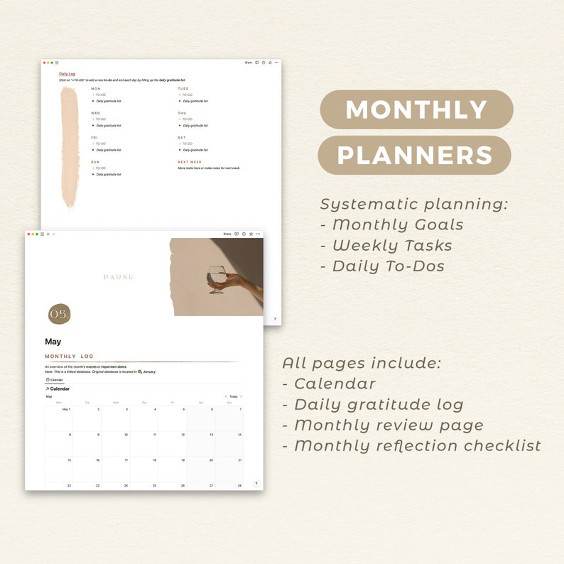 2024 Monthly Planner Notion Template | Full Year Digital Life Planner | Organization System | Aesthetic Beige Theme