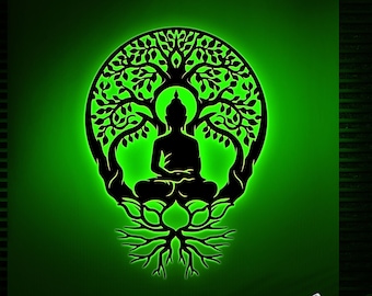 Buddha Metal Wall Art with Led Lights, Buddha Tree of Life, Yoga Studio, Spiritual Crafts, Patna Hindu Wall Decor, Meditation Decor