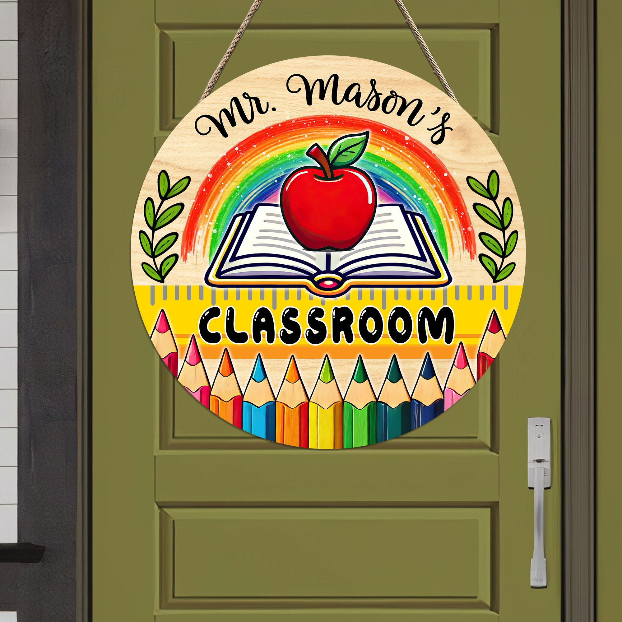Custom Classroom Wood Sign Round, Teacher Door Sign for School, Back To School Decor, Teacher Gift, Classroom Door Hanger Colorful