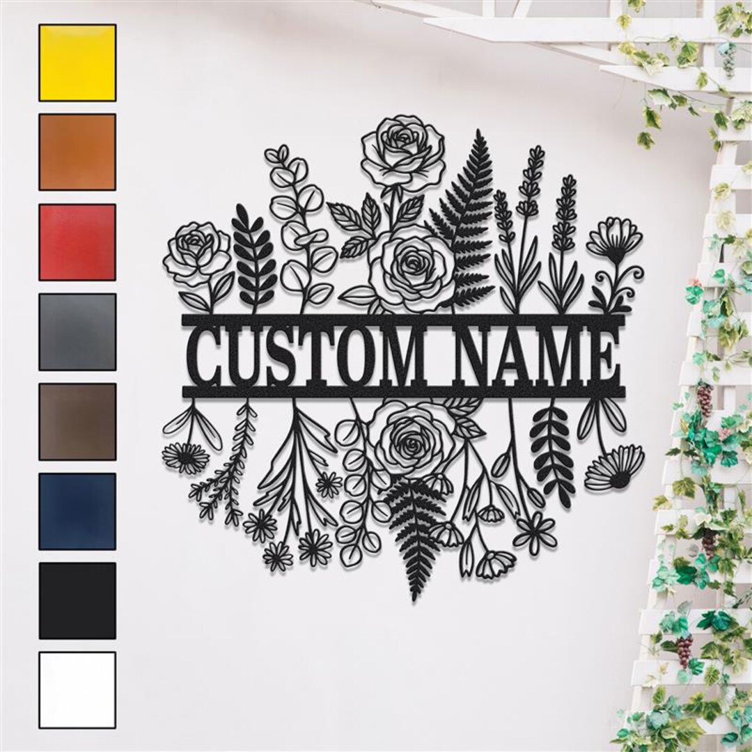 Custom Name Floral Metal Wall Art, Personalized Garden Sign, Modern ...