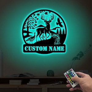 Personalized Deer Turkey And Bass Fishing Metal Wall Art LED Light, Custom Hunter Name Sign, Hunting Sign, Housewarming Gift, Christmas Gift