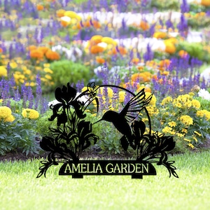 Custom Hummingbird Metal Garden Stake, Personalized Garden Name Sign, Metal Yard Sign, Garden Metal Art, Outdoor Gardening, Garden Decor