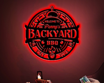 Personalized Backyard BBQ Metal Sign with Led Lights, BBQ Name Sign, Backyard Wall Art, Metal Wall Decor, Housewarming Gift, Outdoor Decor