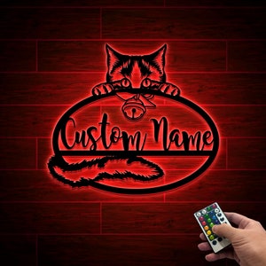 Personalized Cat Metal Sign with Led Lights, Custom Cat Name Sign, Cat Wall Art, Cat&#39;s Mom Sign, Cat Wall Decor, Pet Lover Gift, Home Decor