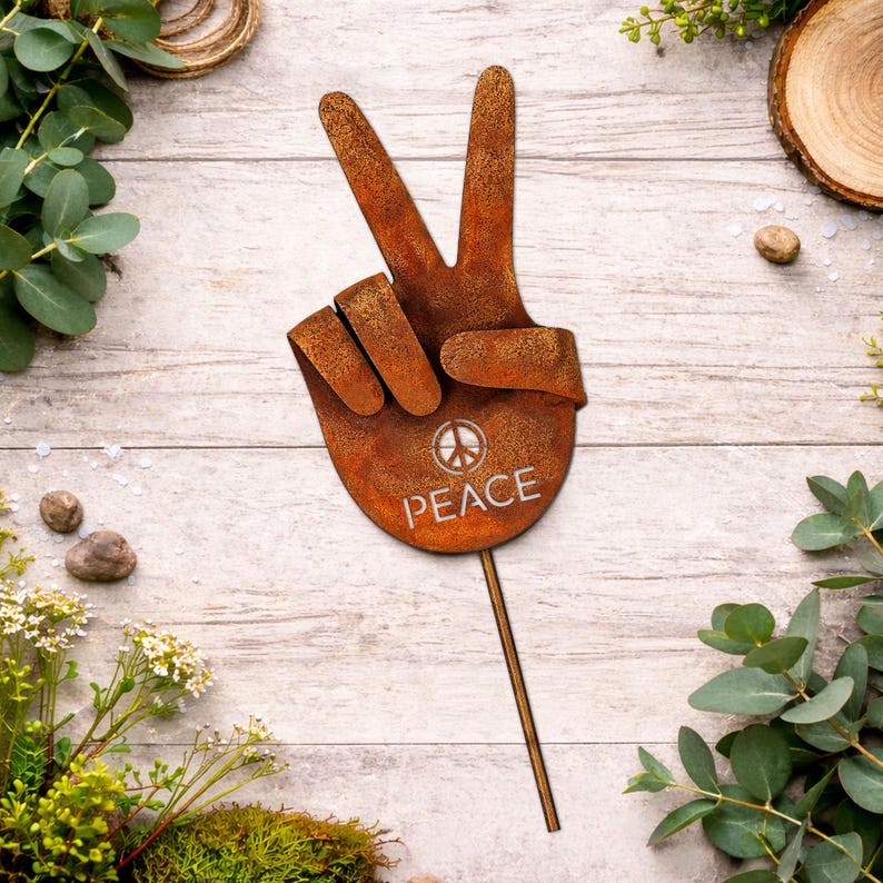 Metal Peace Sign Hand Garden Stake, Hands Metal Yard Art, Hand Gesture ...